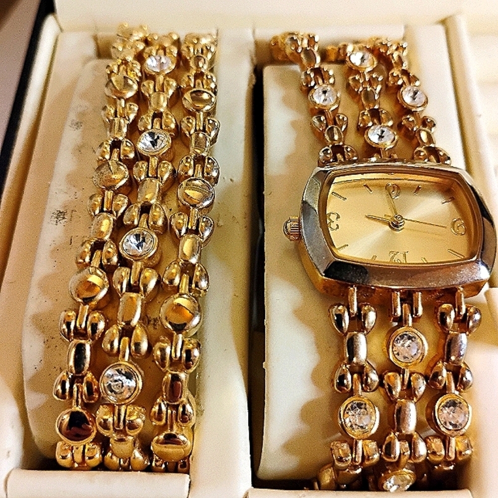 Christian Benet Gold Tone Crystal Watch and‎ Bracelet Set in Jewelry Box